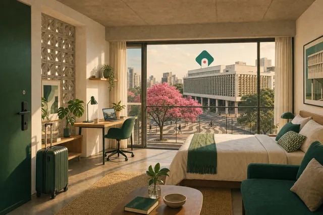 Sala mobiliada com varanda e ipês de São Paulo